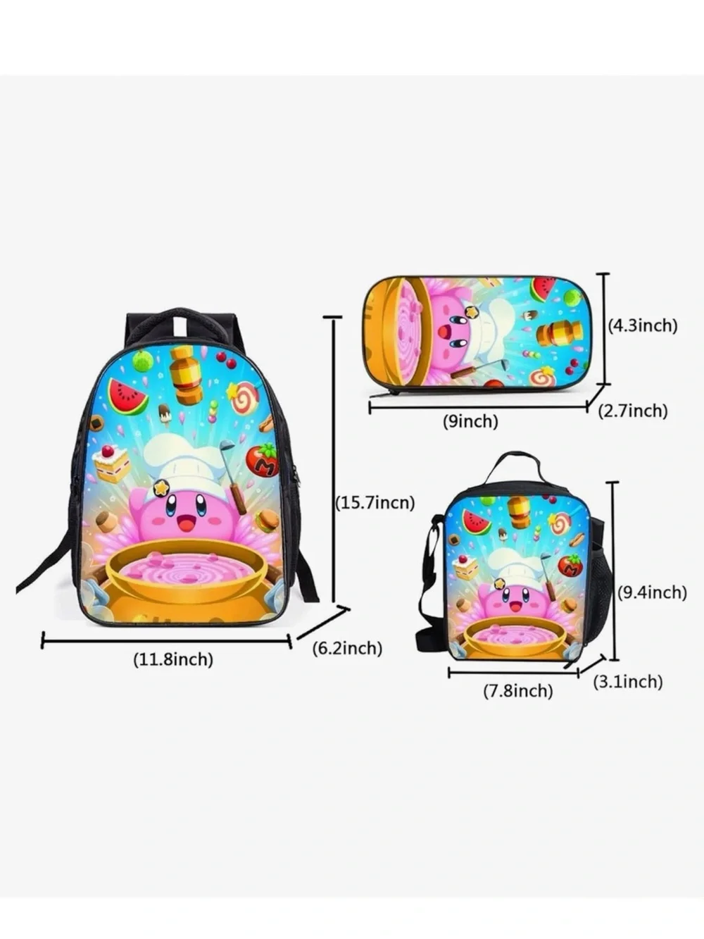 3 Pieces Pink Kirby Backpack Lunch Bag And Pencil Case